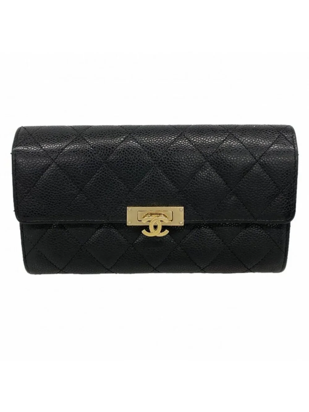 Chanel Wallet Quilted Caviar Leather Black Gold